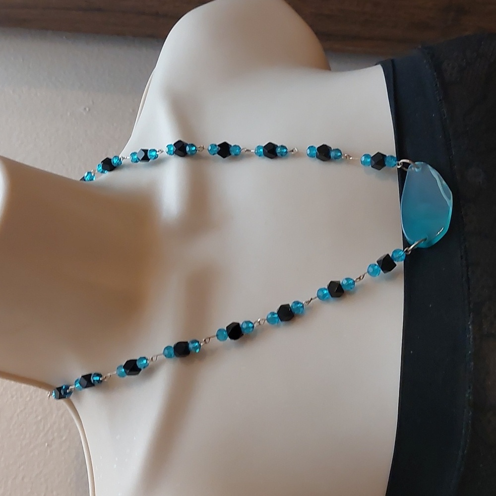 Black with Blue Swarovski Like Crystal Bead Necklace with Sea Glass Slab Pendant - Picture 3 of 6